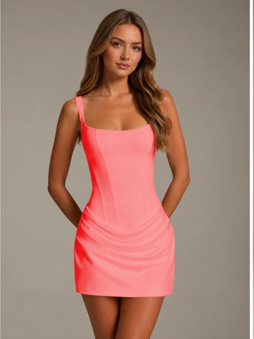 Square Neck Coral Pink Mini Dress -  Women's